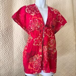 Red floral print babydoll style cover up open front v-neck faux-tie front